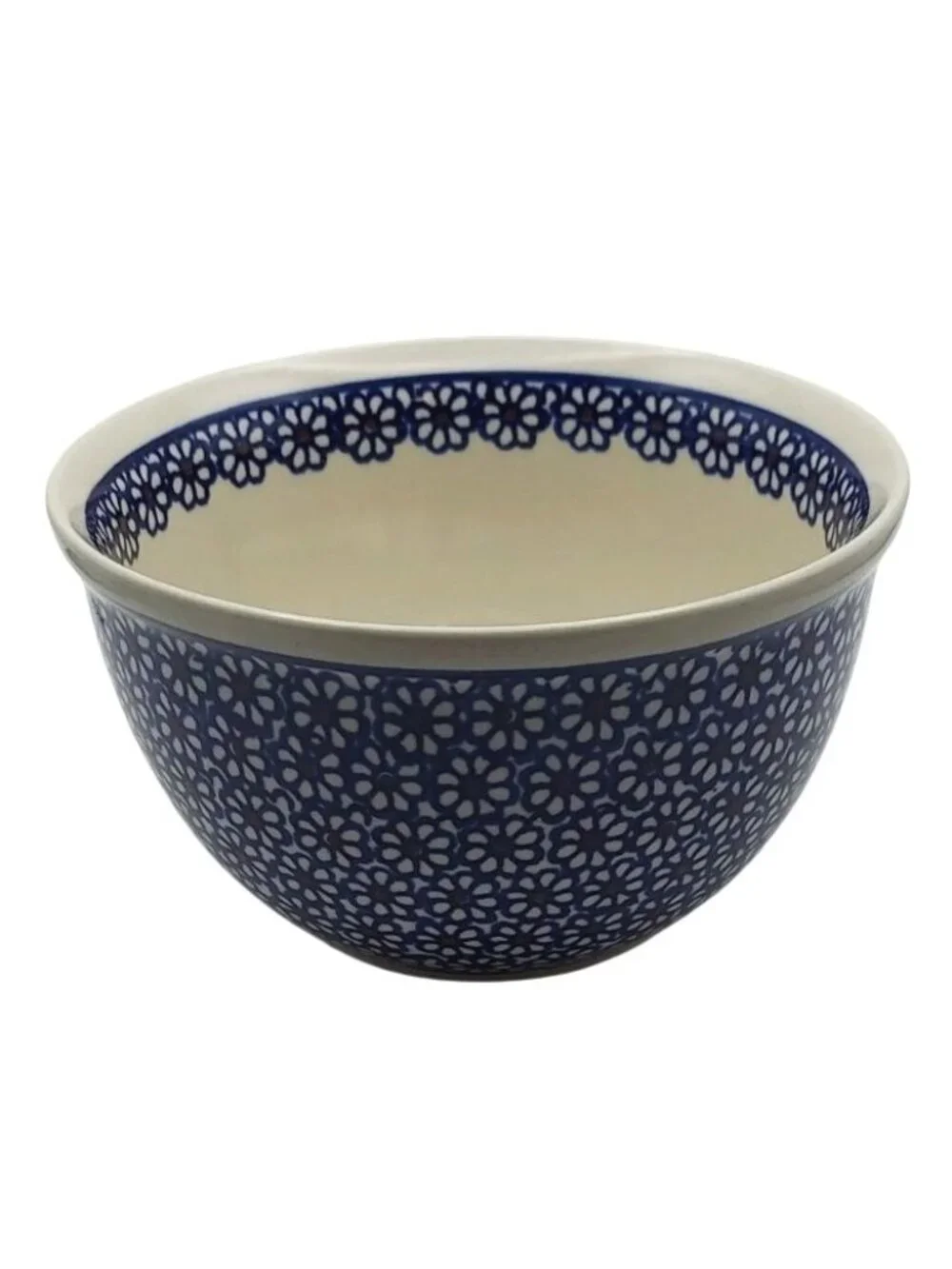 Hand Made Boleslawiec Pottery Cobalt Blue Daisy Stoneware Mixing Bowl Floral 4G